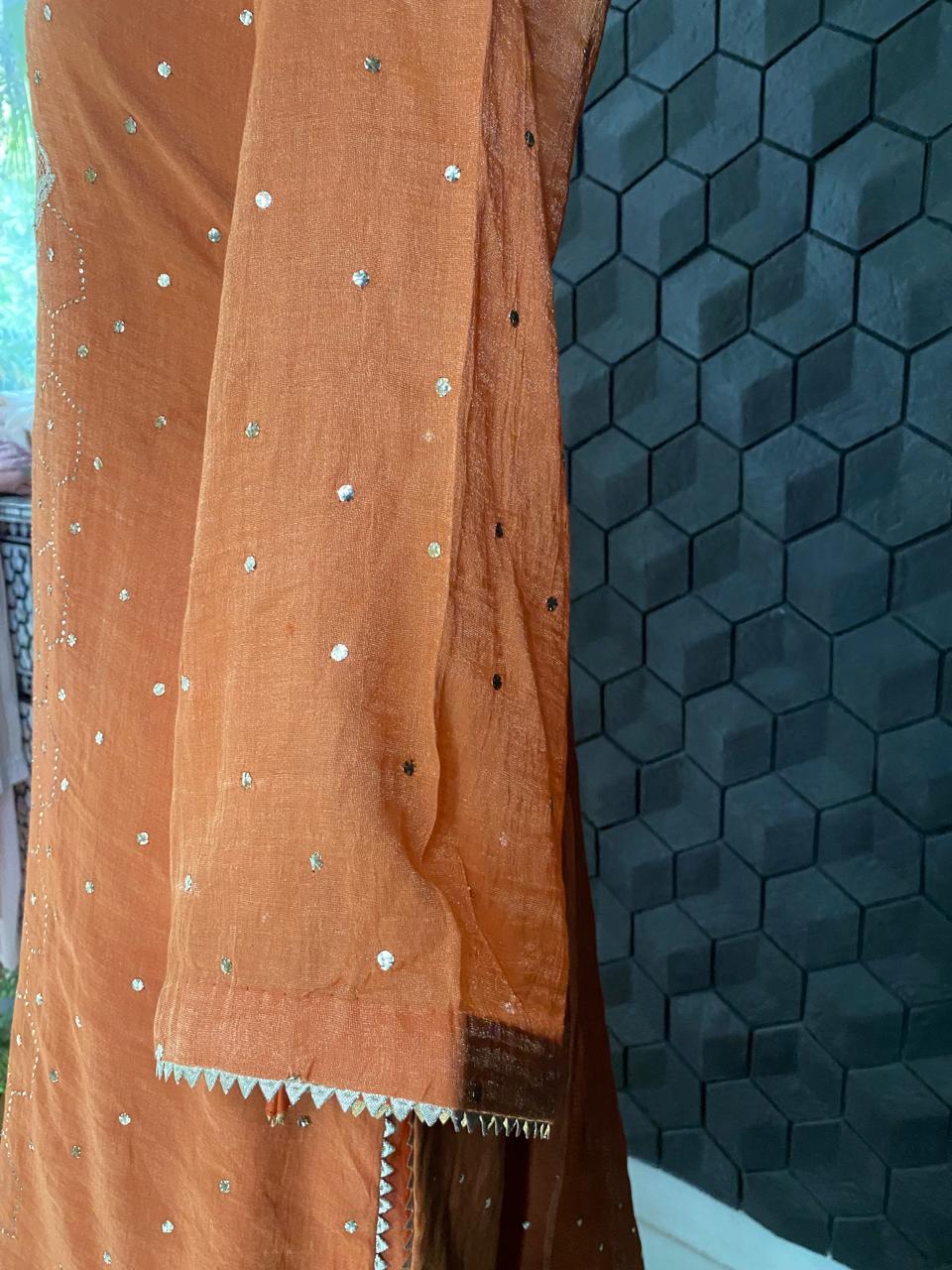 Burnt Orange Golden Tissue Mukaish and Kamdani Kurta Set