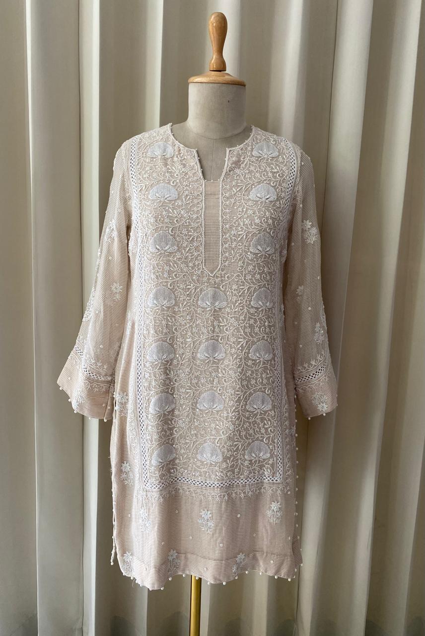 Beige Striped Tissue Kurta Set with Farsi Salwar