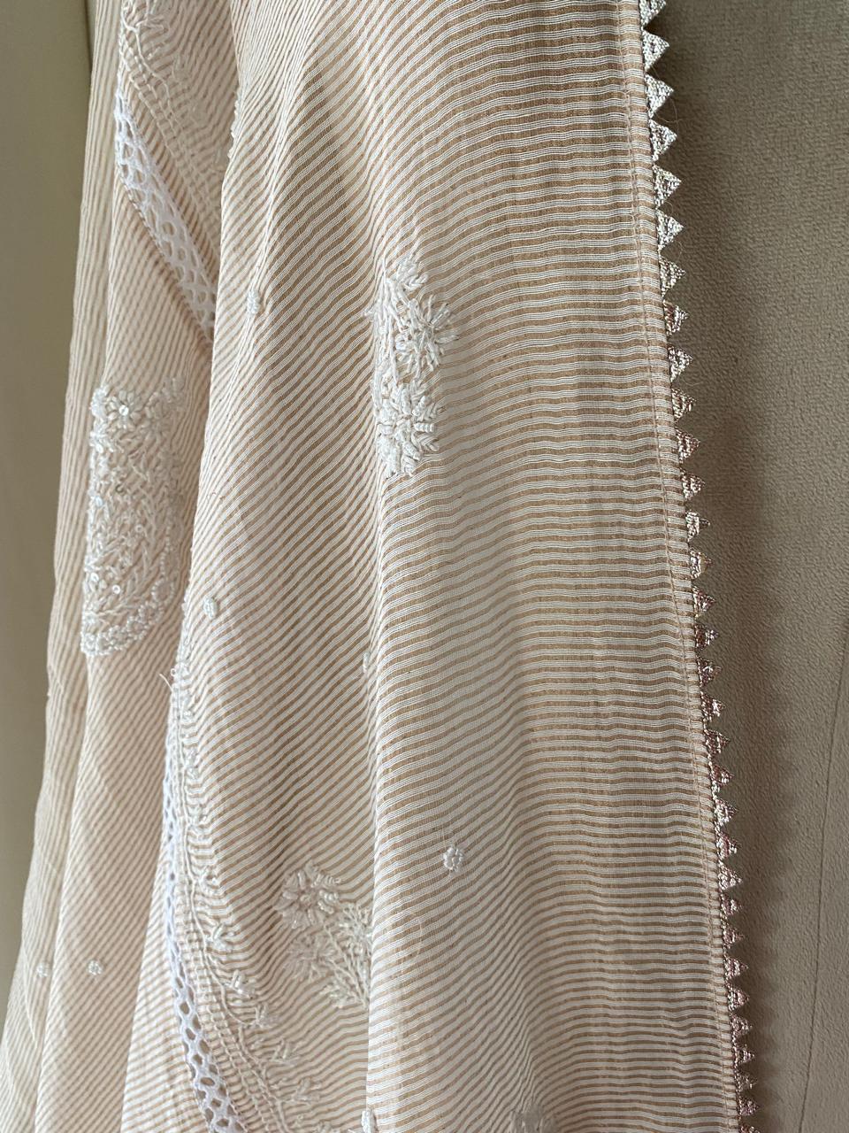 Beige Striped Tissue Kurta Set with Farsi Salwar