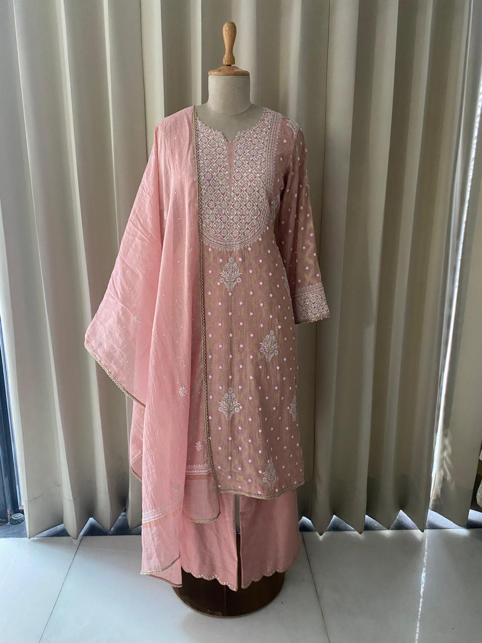 Pink Golden Tissue Kurta set in Banarsi Weave
