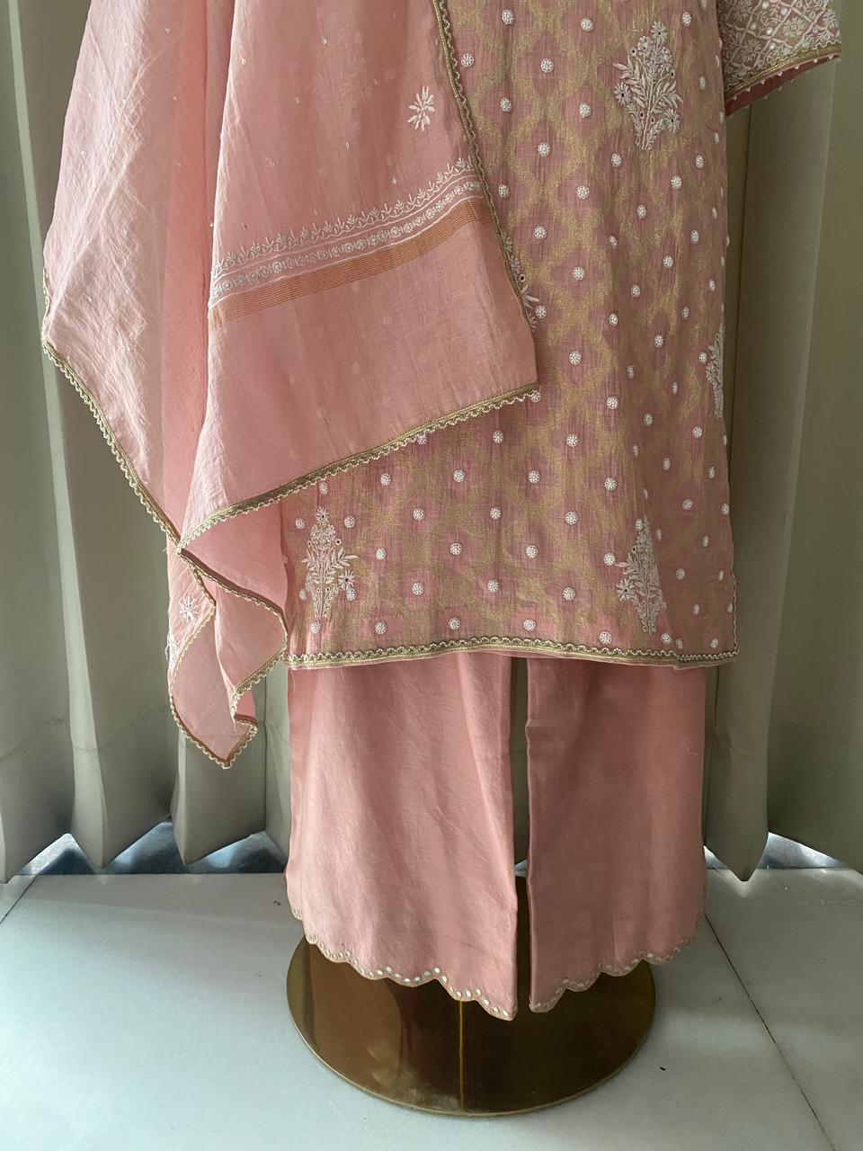 Pink Golden Tissue Kurta set in Banarsi Weave