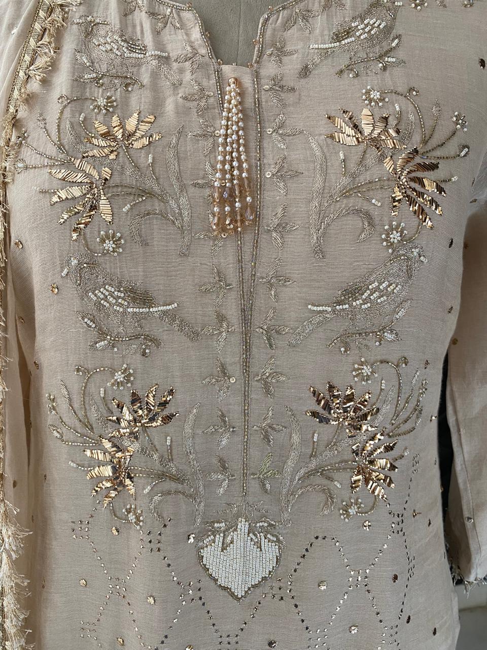 Beige Golden tissue Mukaish and Kamdani kurta