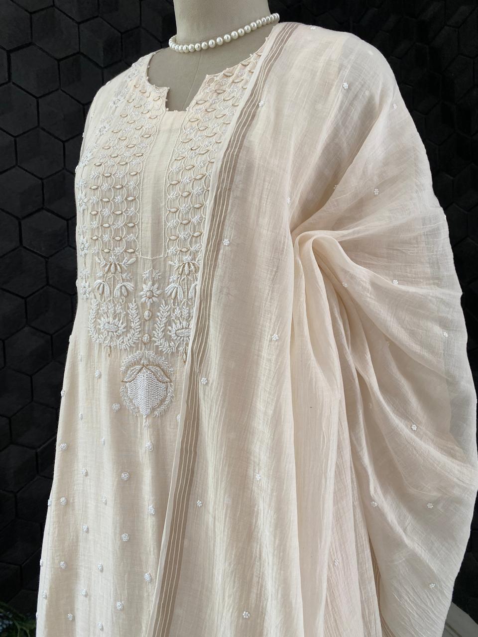 Beige Mul Chanderi Chikankari Kurta Set