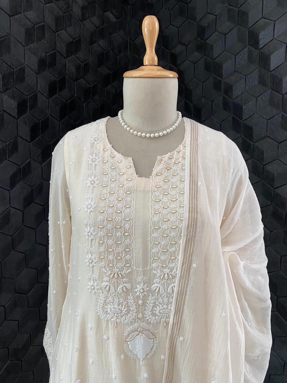 Beige Mul Chanderi Chikankari Kurta Set