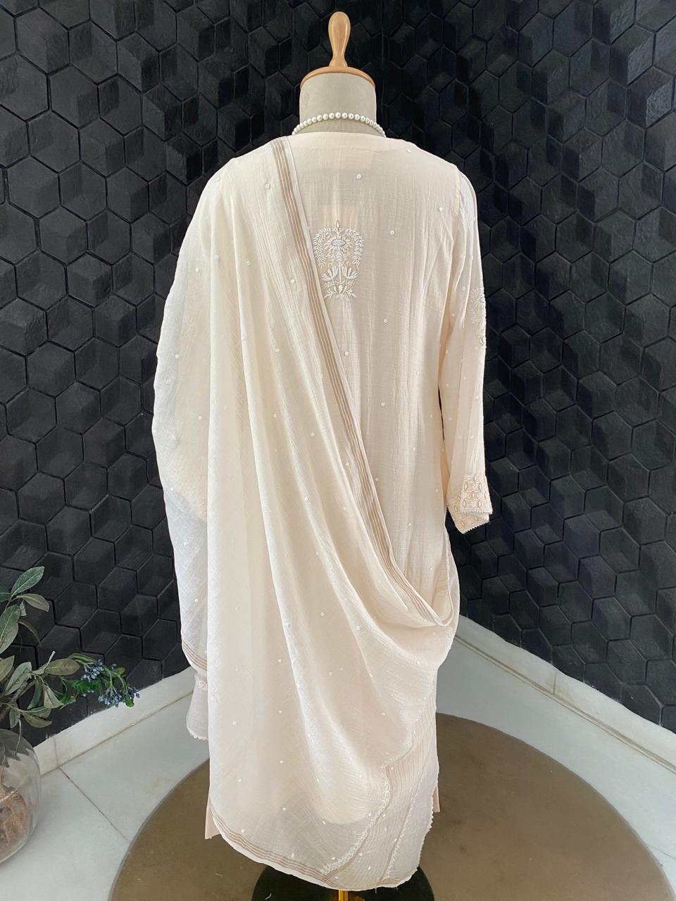 Beige Mul Chanderi Chikankari Kurta Set