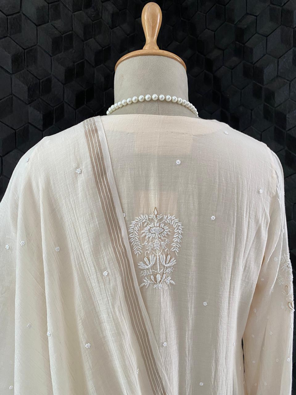 Beige Mul Chanderi Chikankari Kurta Set
