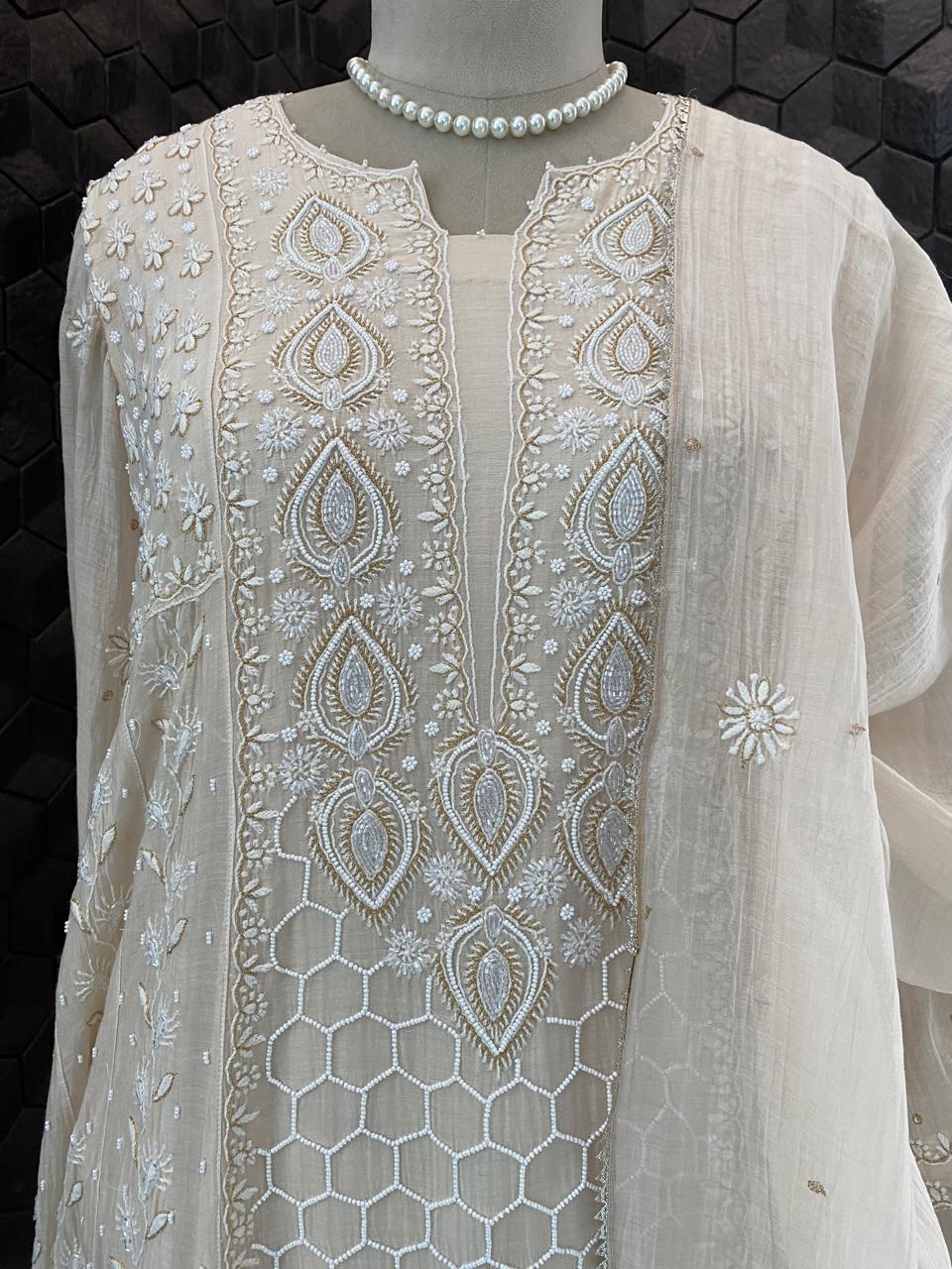 Beige Mul Chikankari A-Line kurta set