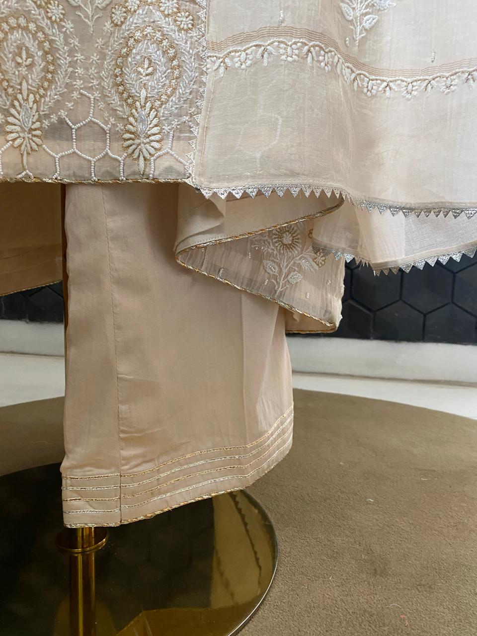 Beige Mul Chikankari A-Line kurta set