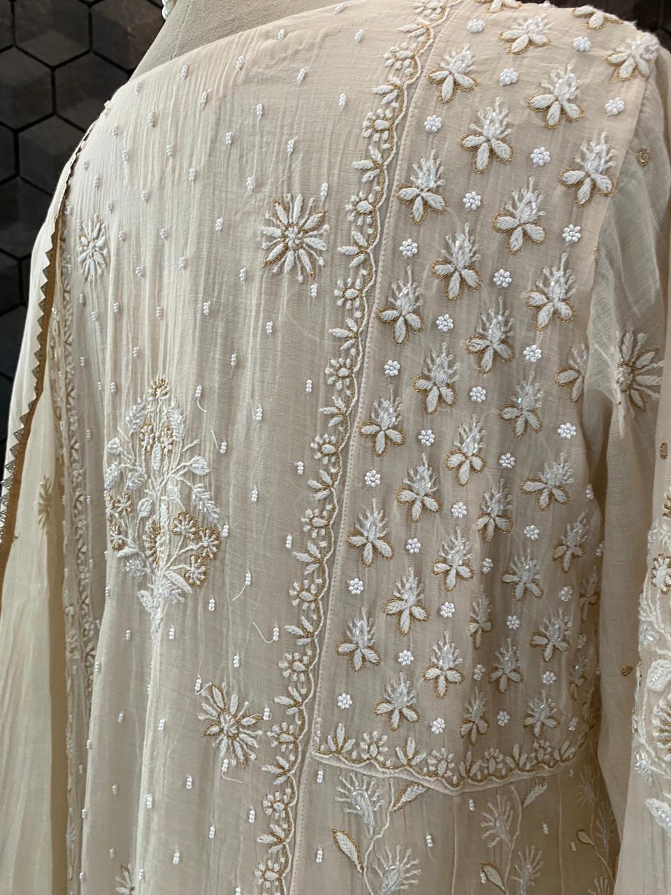 Beige Mul Chikankari A-Line kurta set