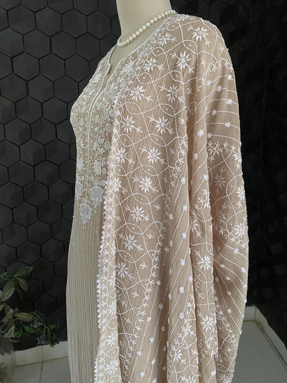 Brown Mul Chanderi Chikankari Kurta Set