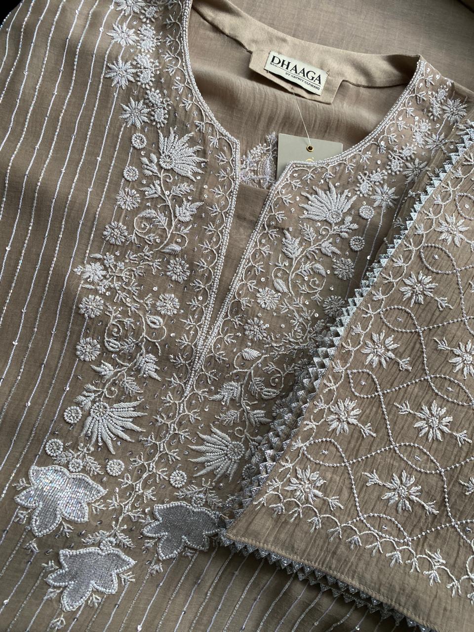 Brown Mul Chanderi Chikankari Kurta Set