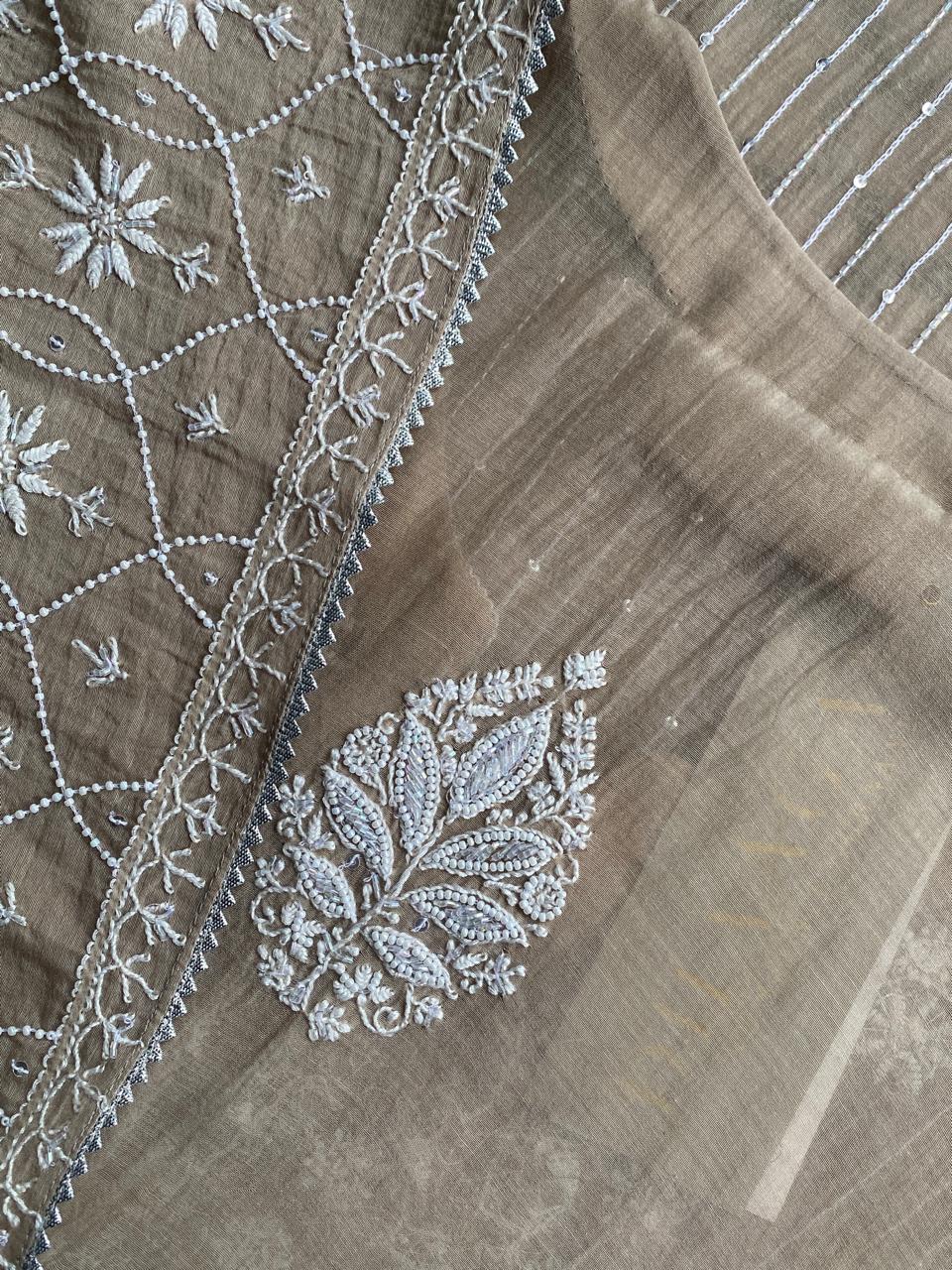 Brown Mul Chanderi Chikankari Kurta Set