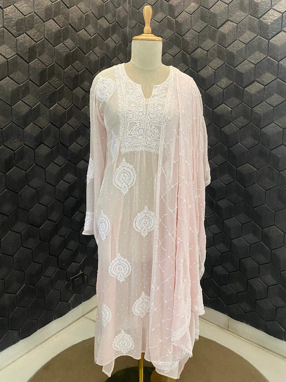 Pink georgette chikankari Kurta Set