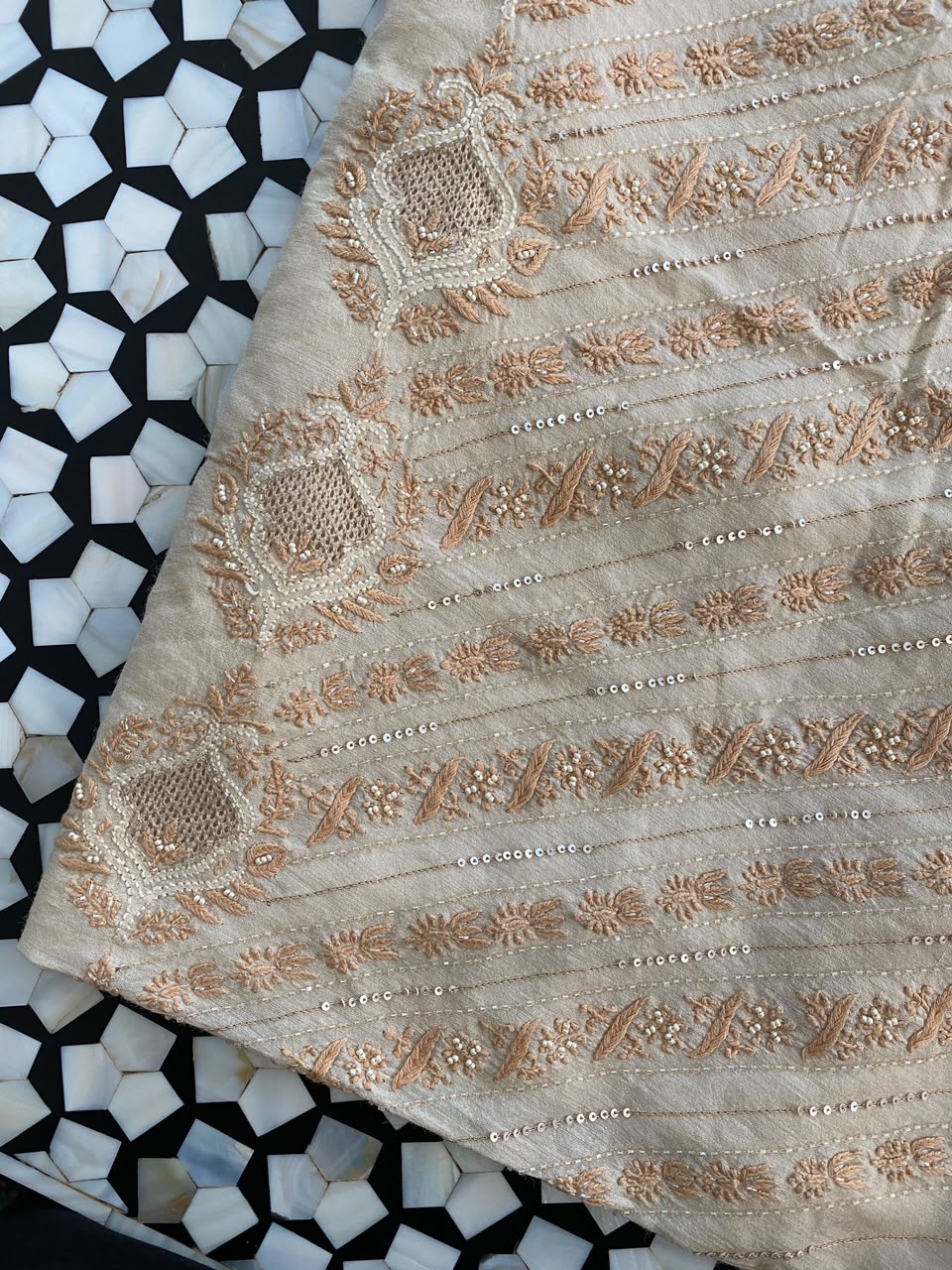 Beige Moonga slik chikankari men's sadri