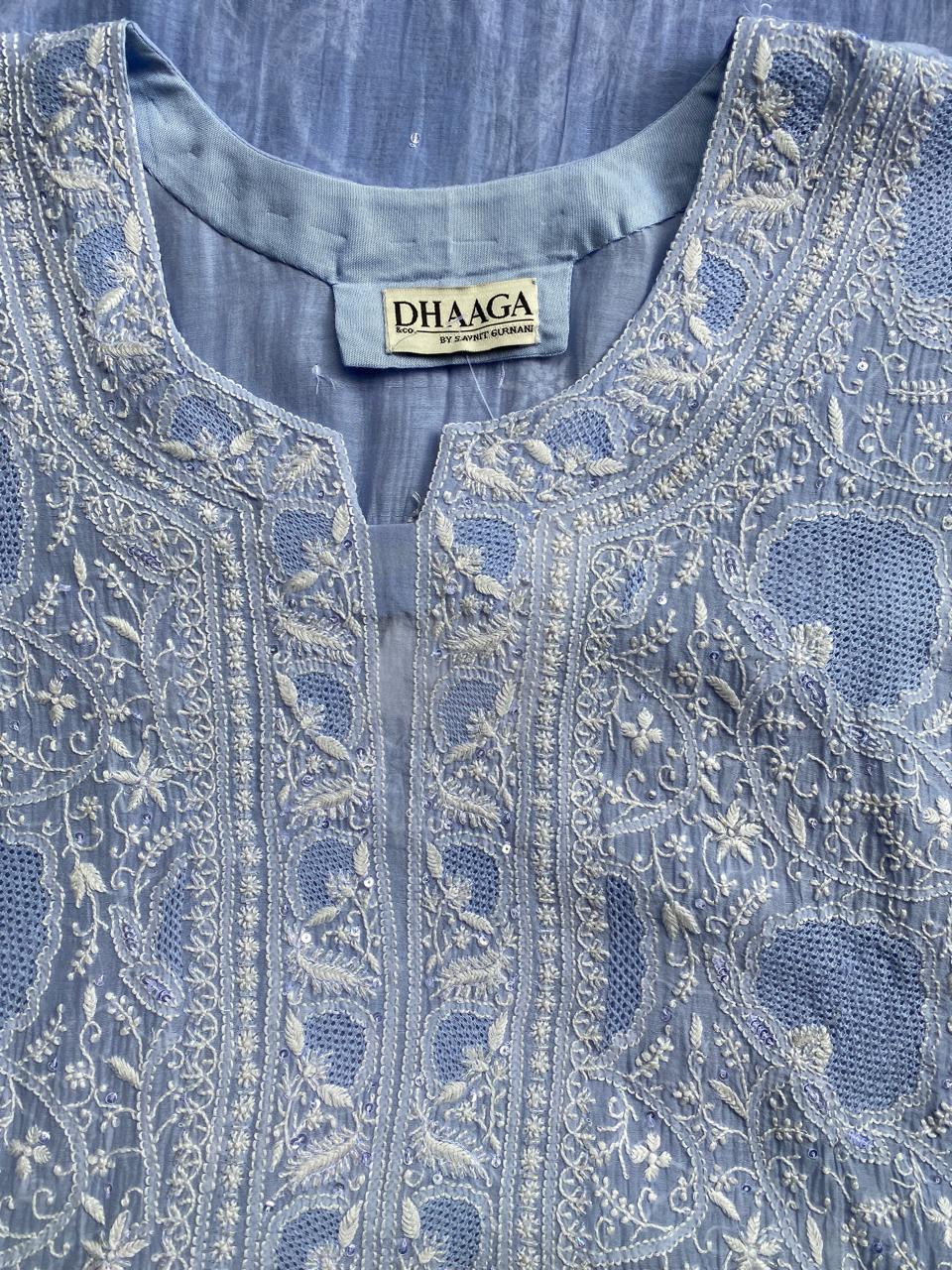 blue mul chanderi front jaali kurta set