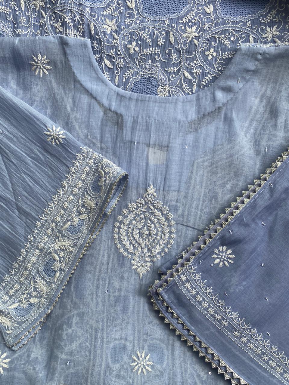 blue mul chanderi front jaali kurta set