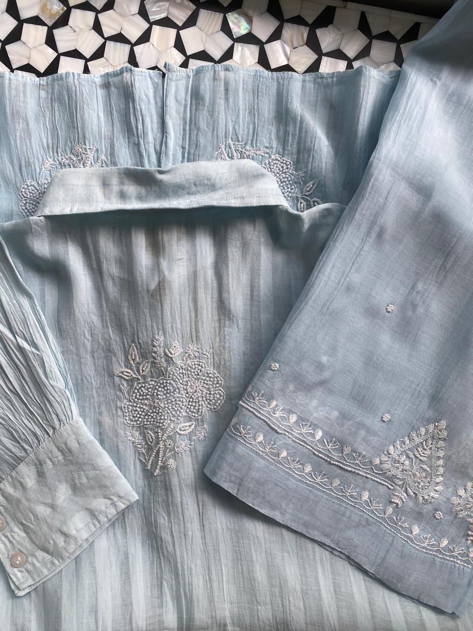Sky Blue striped Mul Chanderi Chikankari Co-ord set
