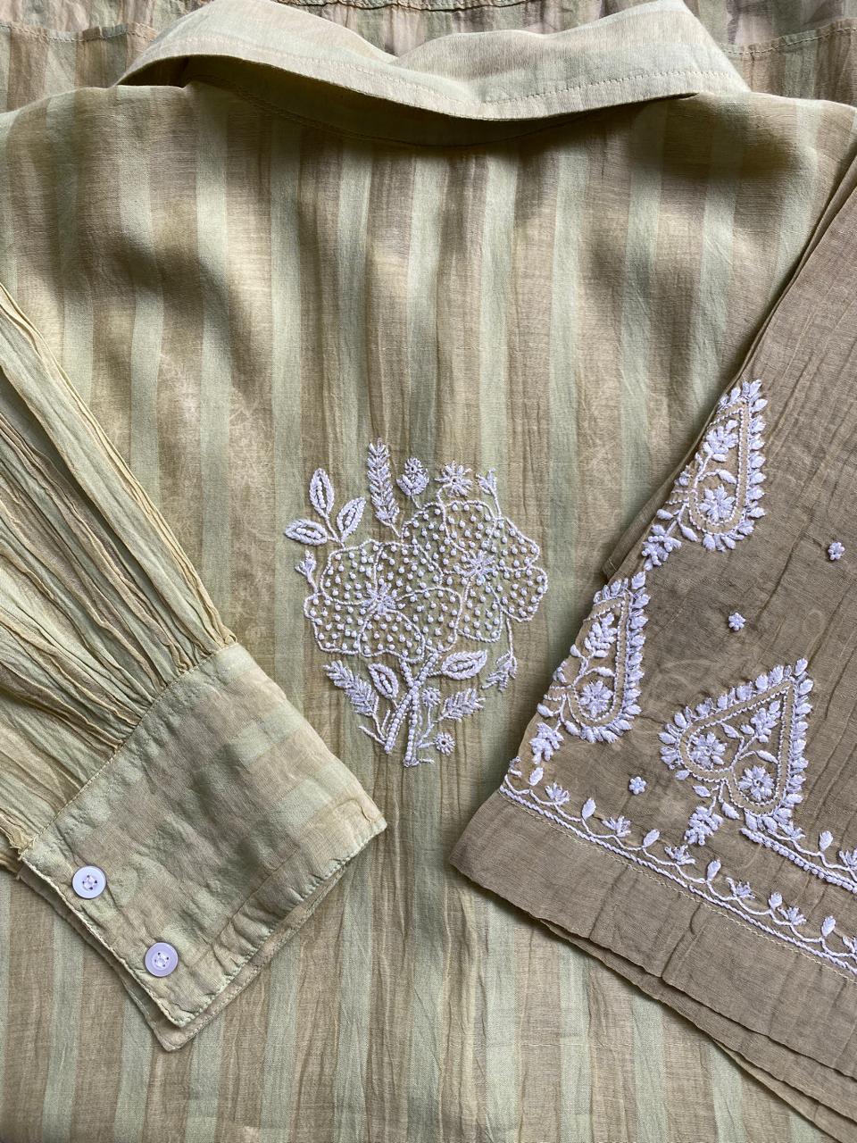 Pista green striped Mul Chanderi Chikankari Co-ord set