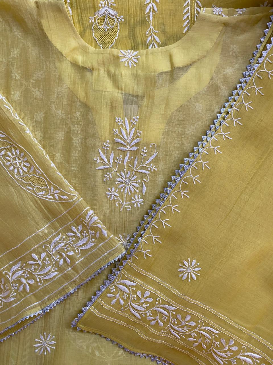 Yellow Mul Chanderi Chikankari Kurta Set