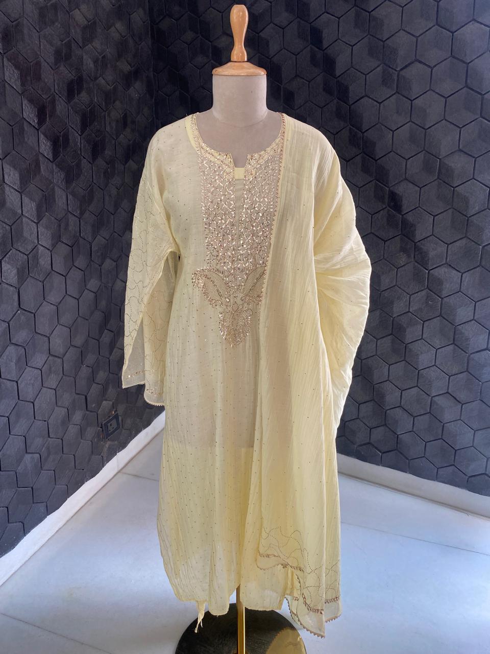 Butter Yellow Mul Chanderi kurta Set
