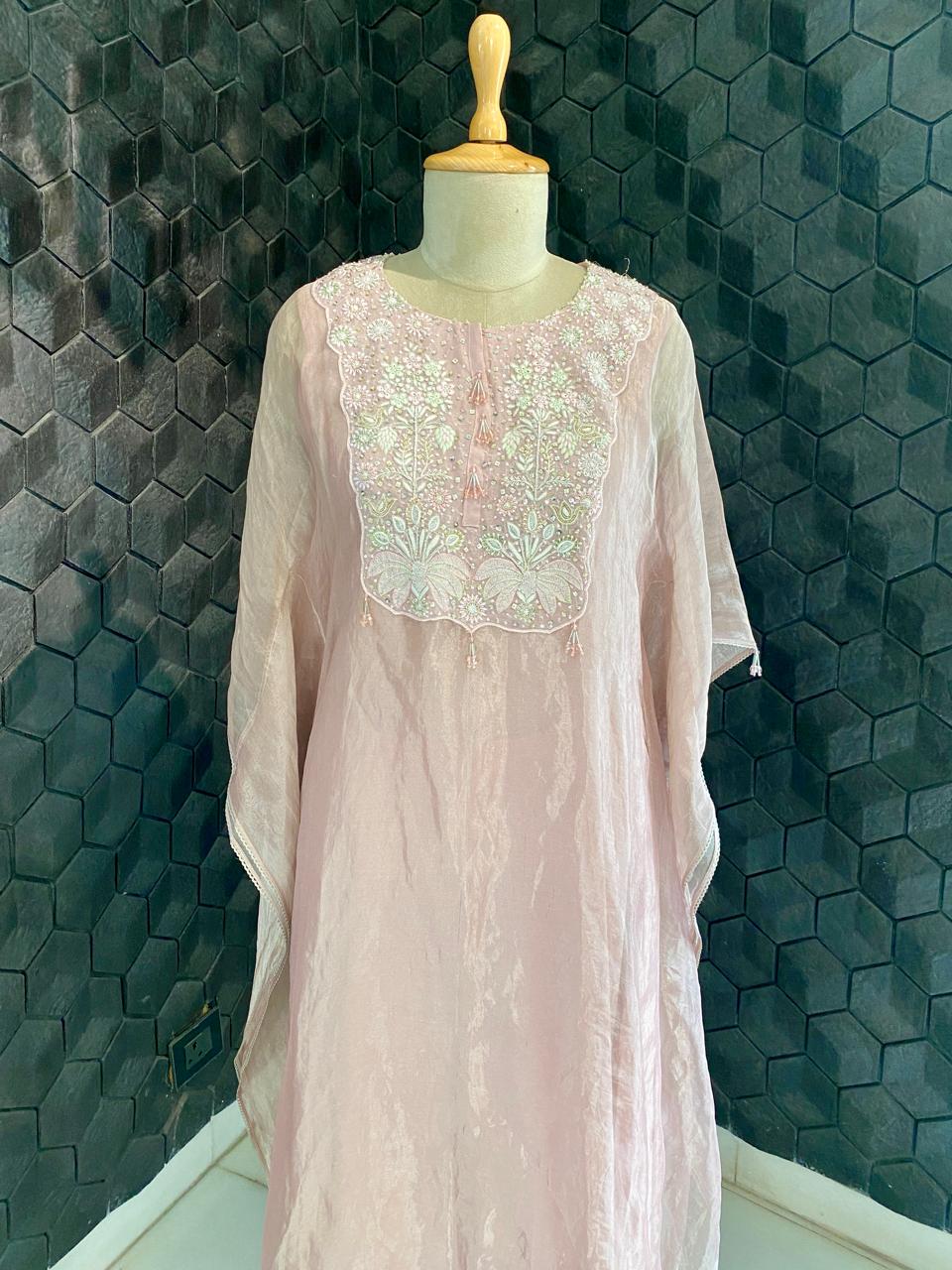 Pink Tissue Embroidered Kaftan Set
