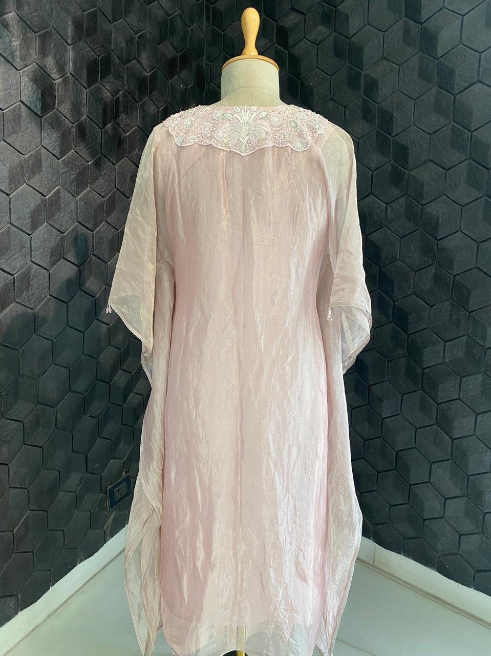 Pink Tissue Embroidered Kaftan Set