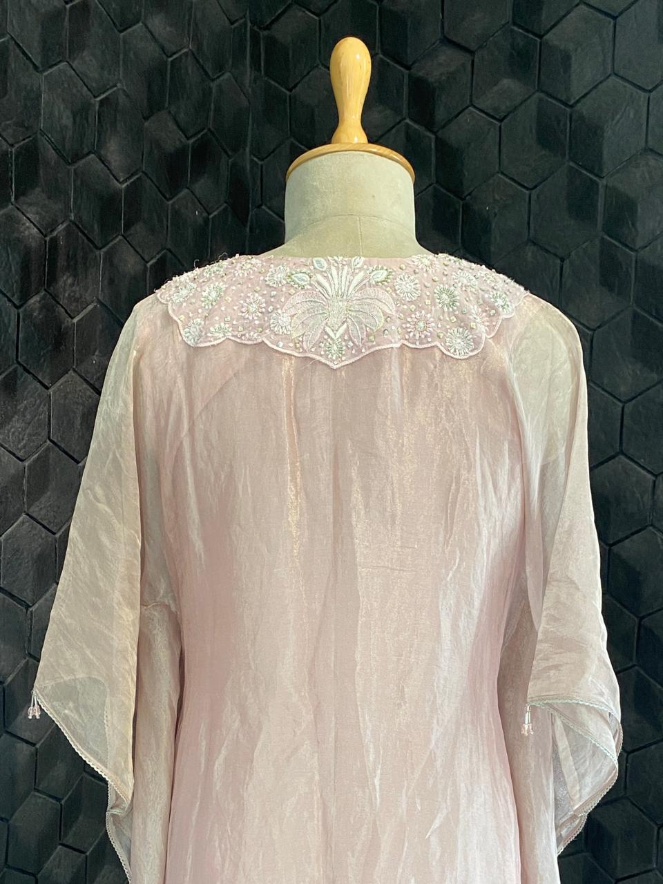 Pink Tissue Embroidered Kaftan Set