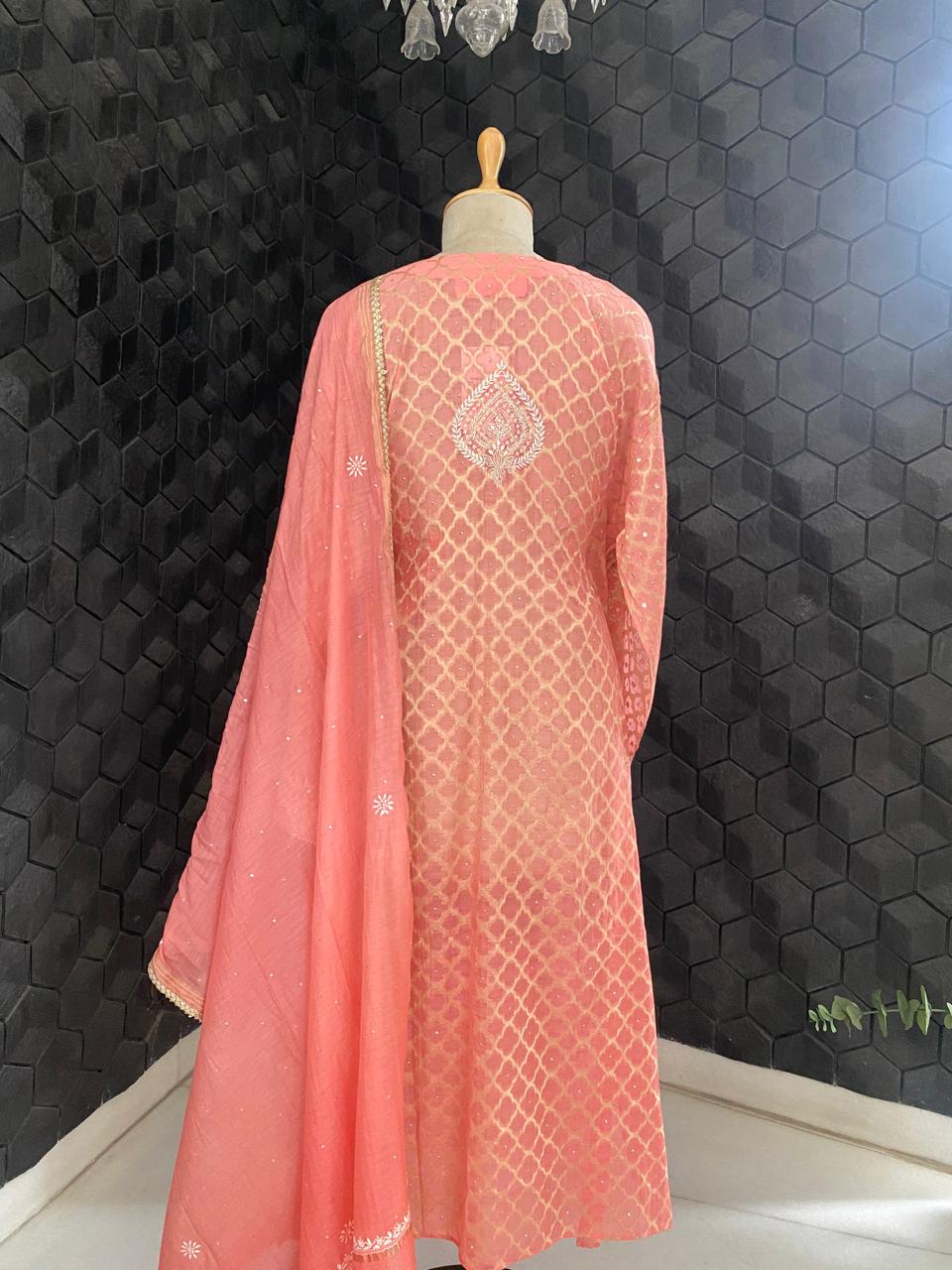 Coral Pink Mul Chanderi Chikankari Kurta Set