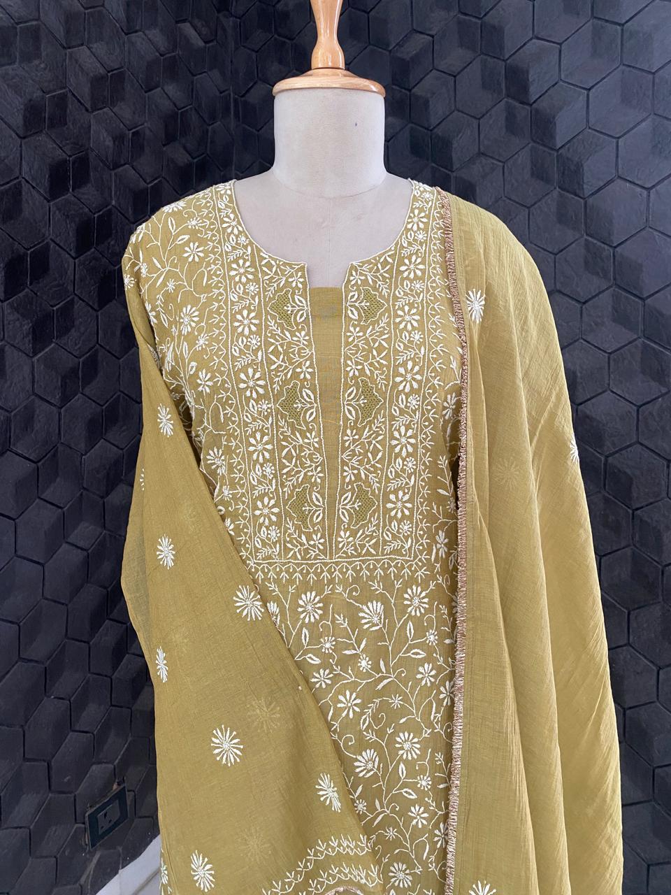 Mustard Golden Tissue Chikankari Kurta Set