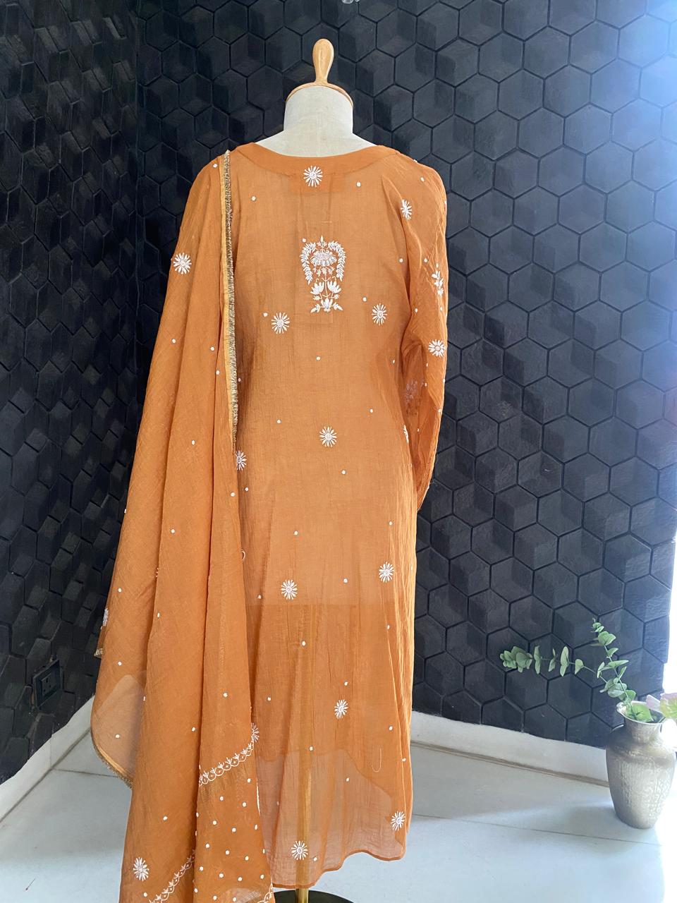 Rust Orange Golden Tissue Embroidered Kurta Set