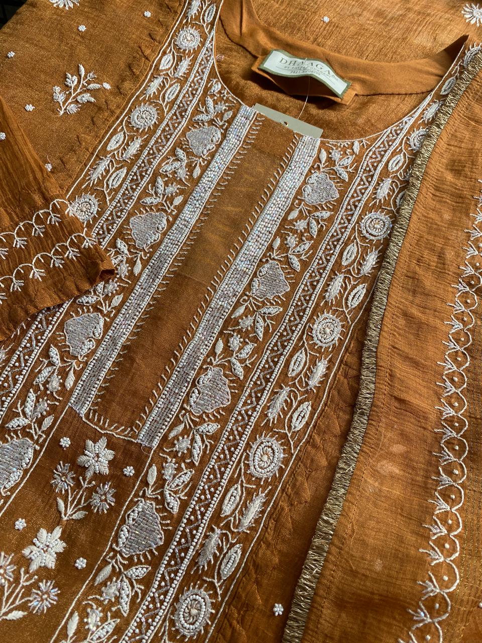 Rust Orange Golden Tissue Embroidered Kurta Set
