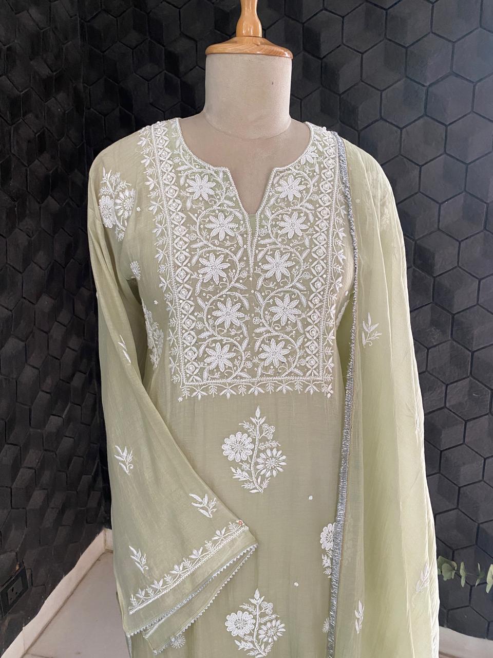 Sage Green Mul Chanderi Embroidered Kurta Set