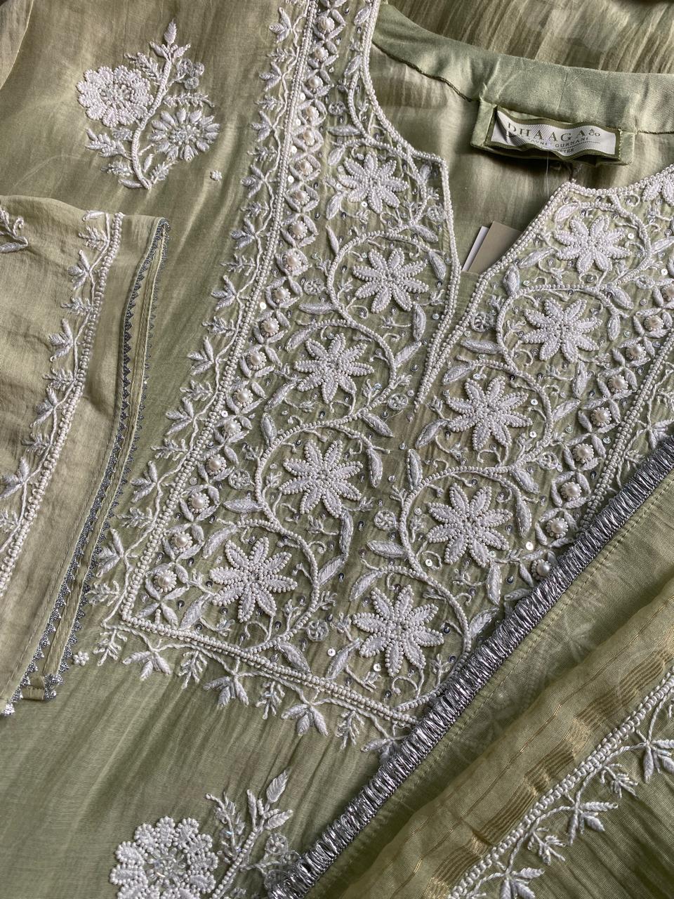 Sage Green Mul Chanderi Embroidered Kurta Set
