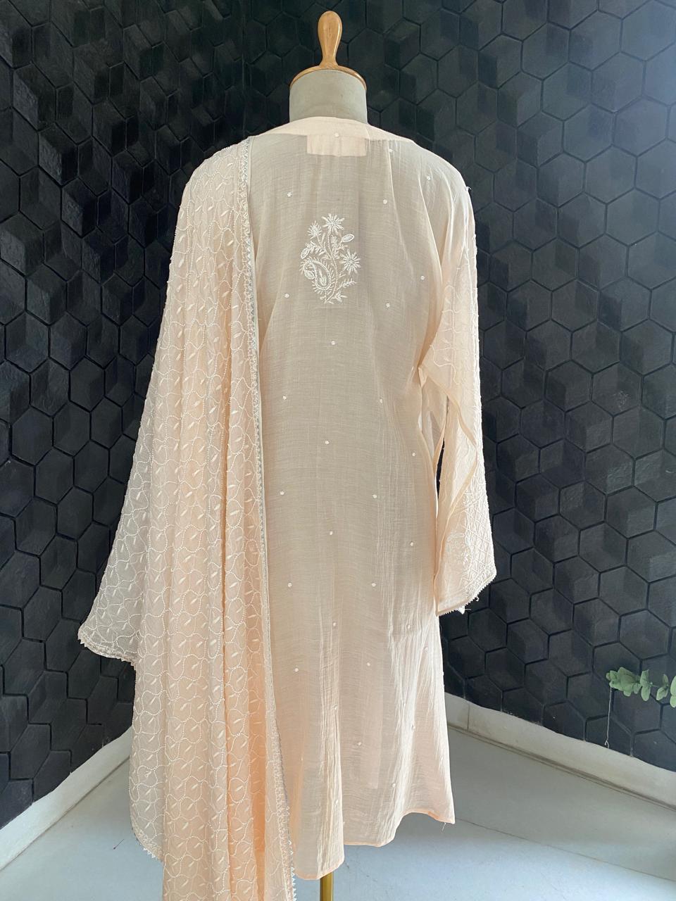Peach Mul Chanderi Chikankari Embroidered Kurta Set