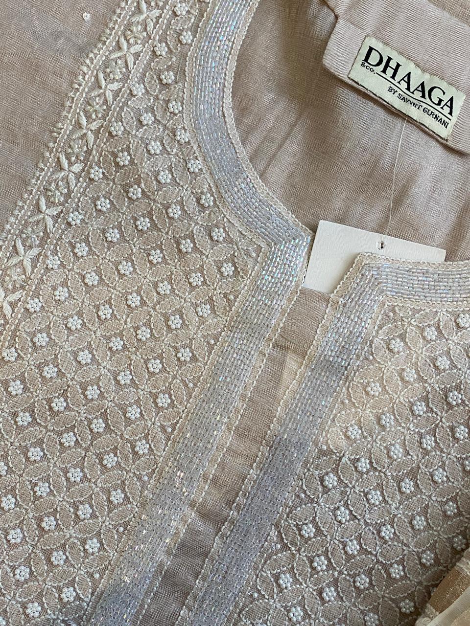 Peach Silver Tissue Embroidered Kurta Set