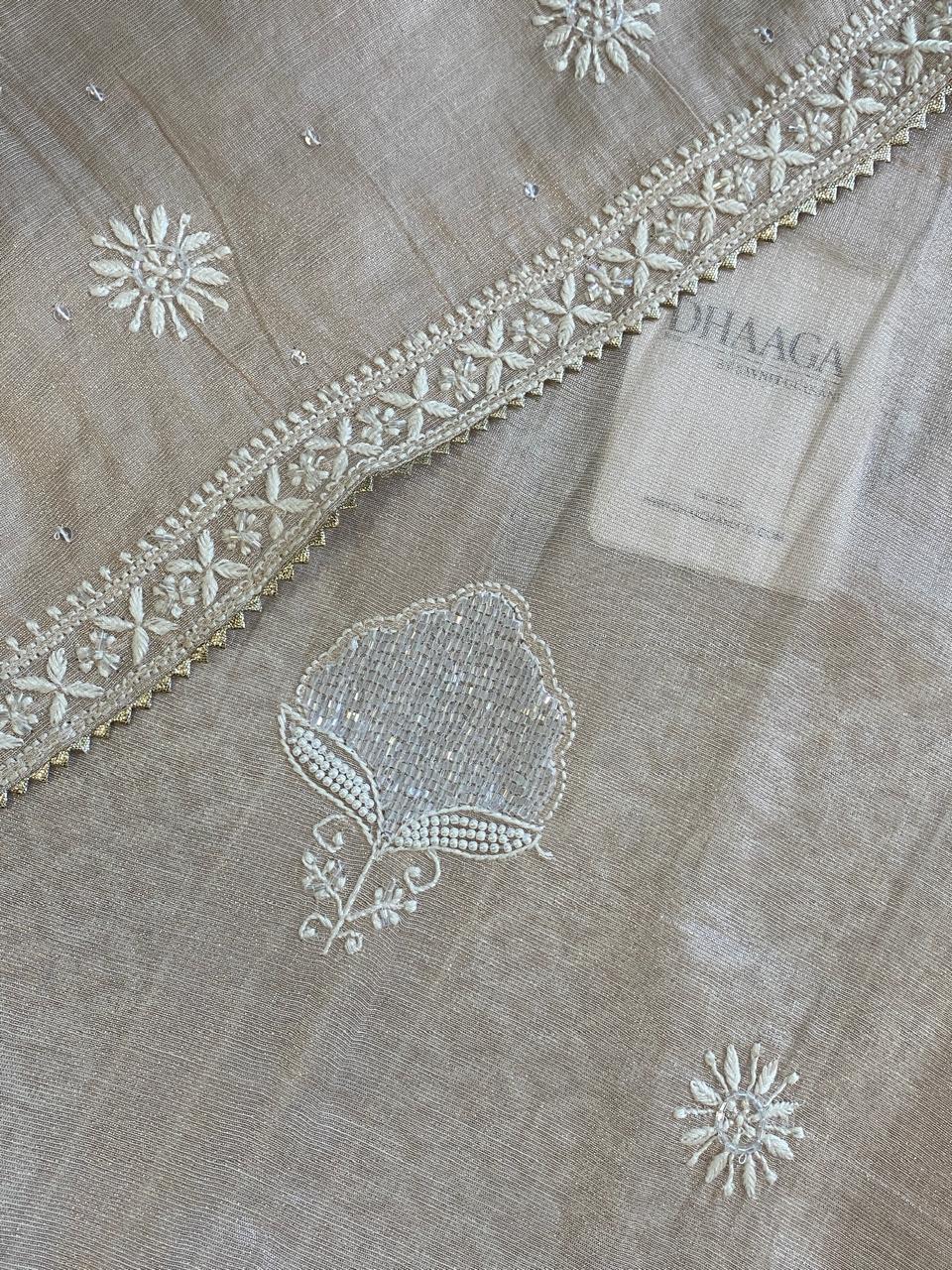 Peach Silver Tissue Embroidered Kurta Set
