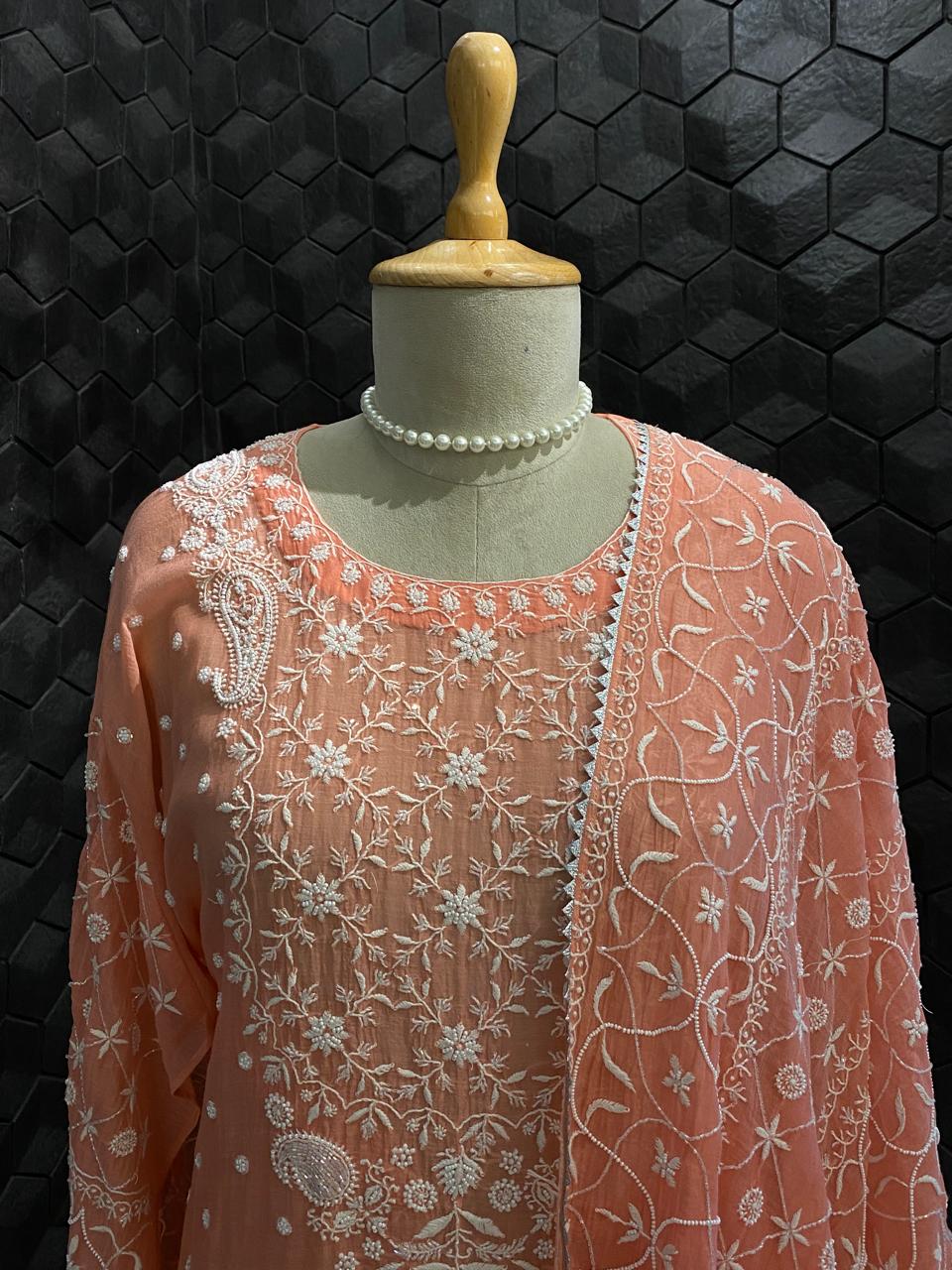 Coral Pink Mul Chanderi Embroidered Kurta Set