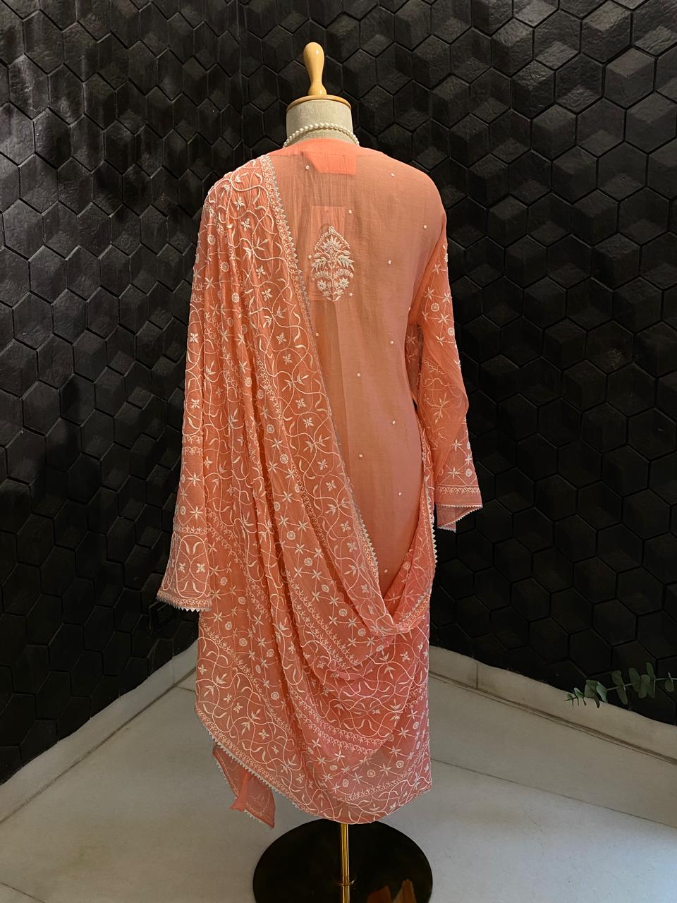 Coral Pink Mul Chanderi Embroidered Kurta Set