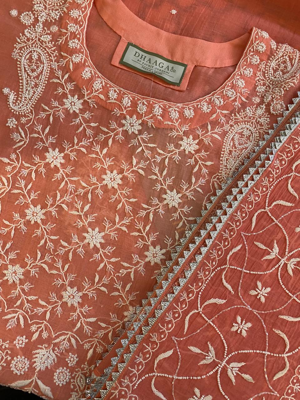 Coral Pink Mul Chanderi Embroidered Kurta Set