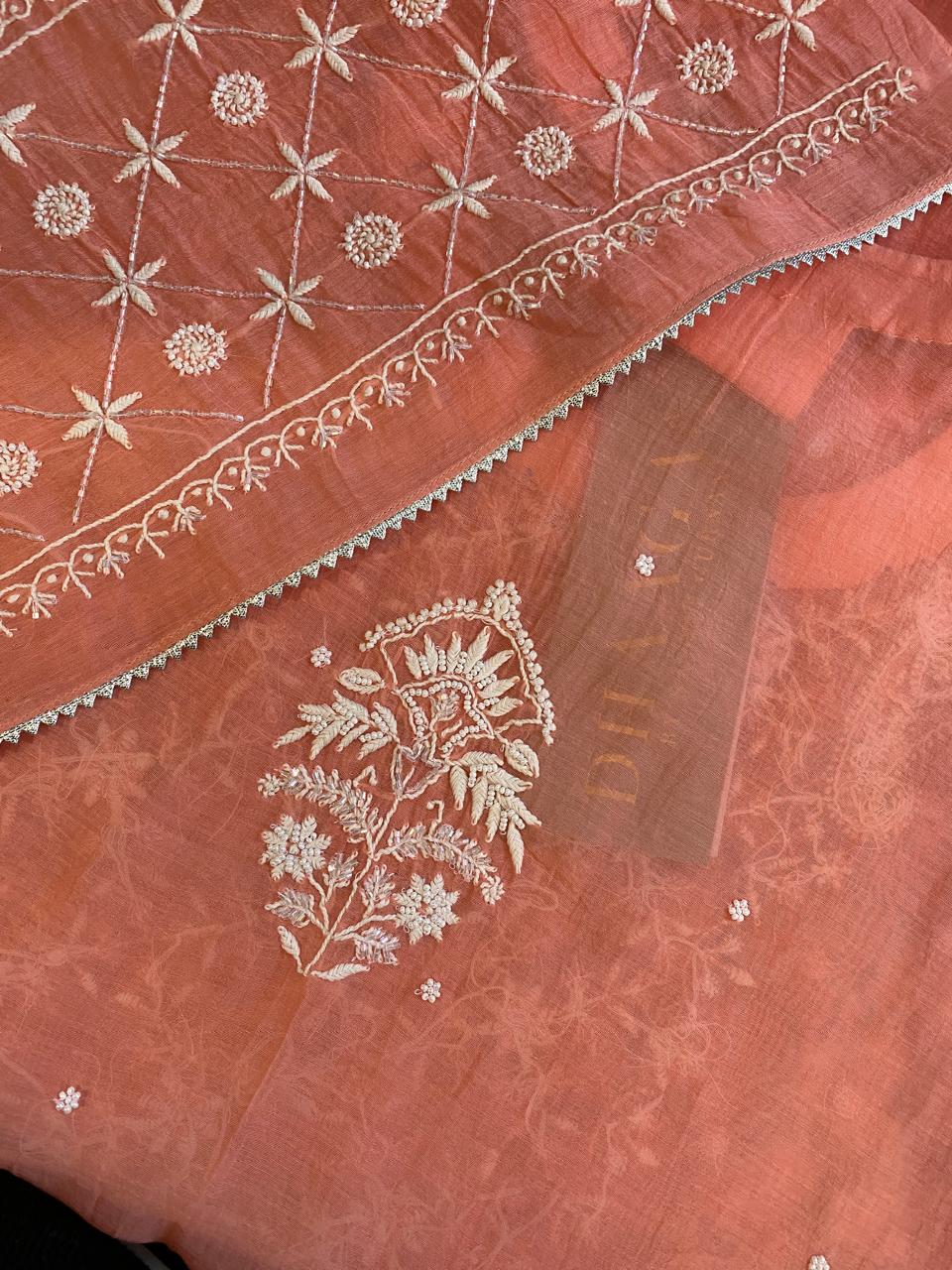 Coral Pink Mul Chanderi Embroidered Kurta Set