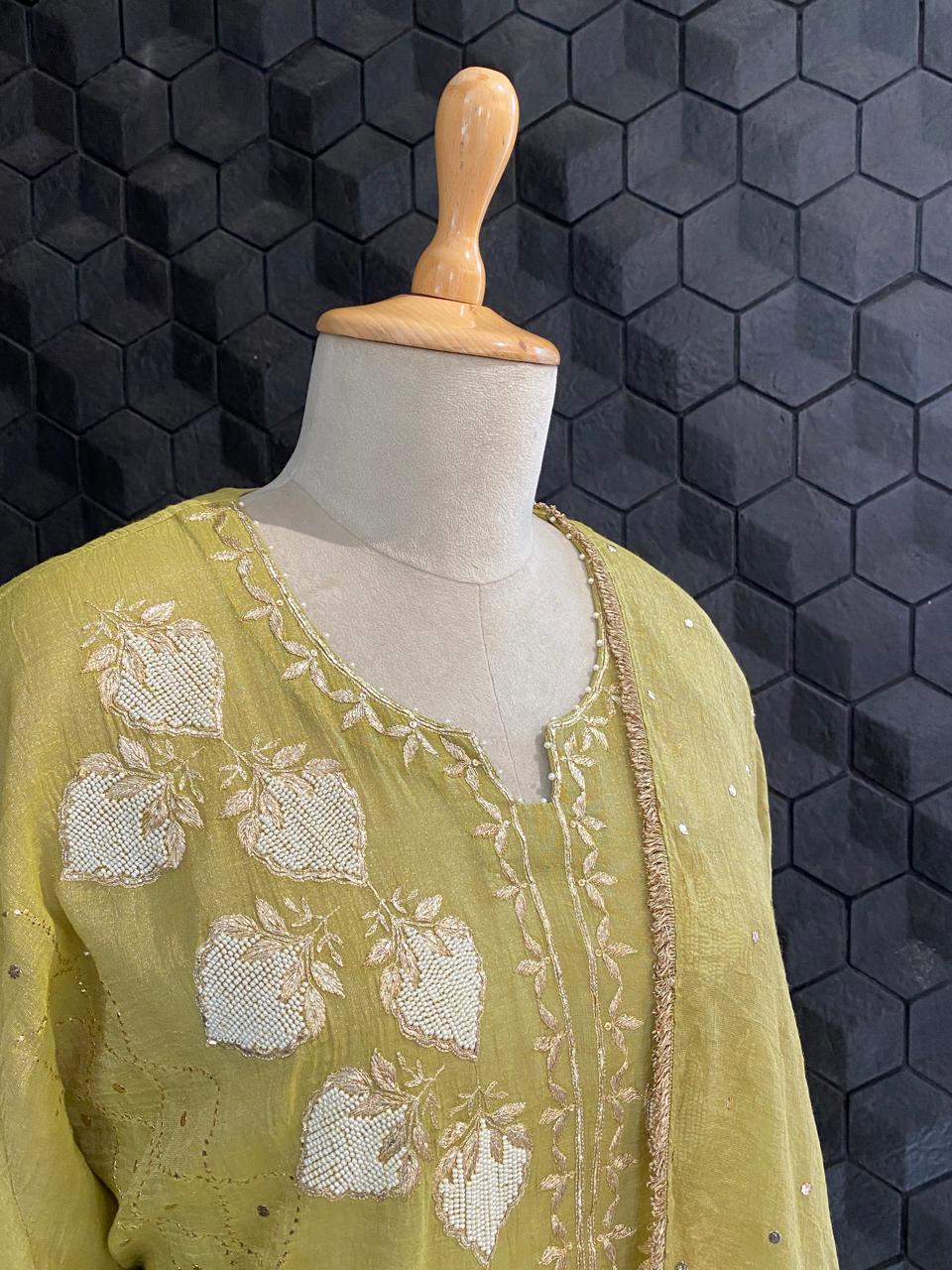 Olive Green Tissue Mukaish Kurta Set