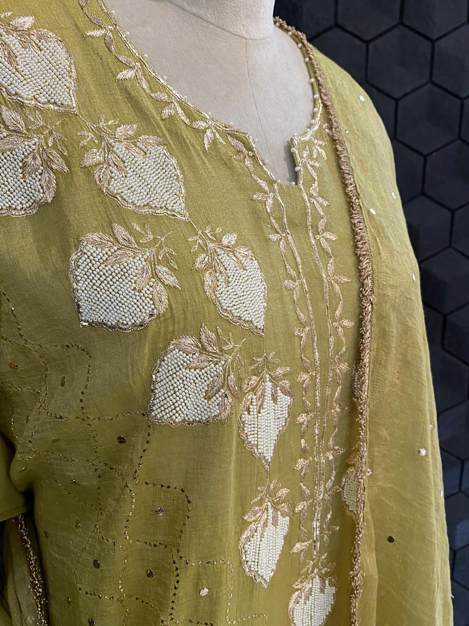 Olive Green Tissue Mukaish Kurta Set