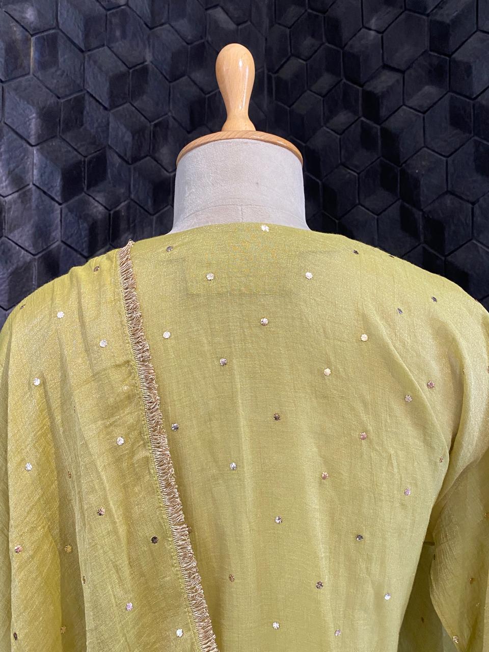 Olive Green Tissue Mukaish Kurta Set