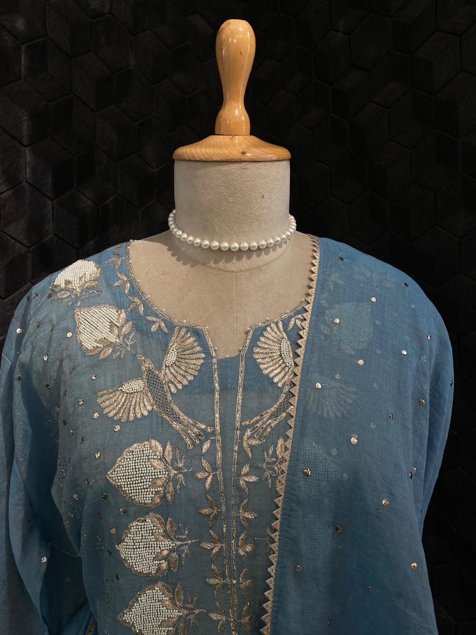 Sky Blue Tissue Mukaish Kurta Set