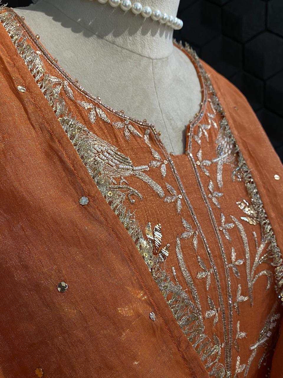 Rust Orange Tissue Mukaish Kurta Set