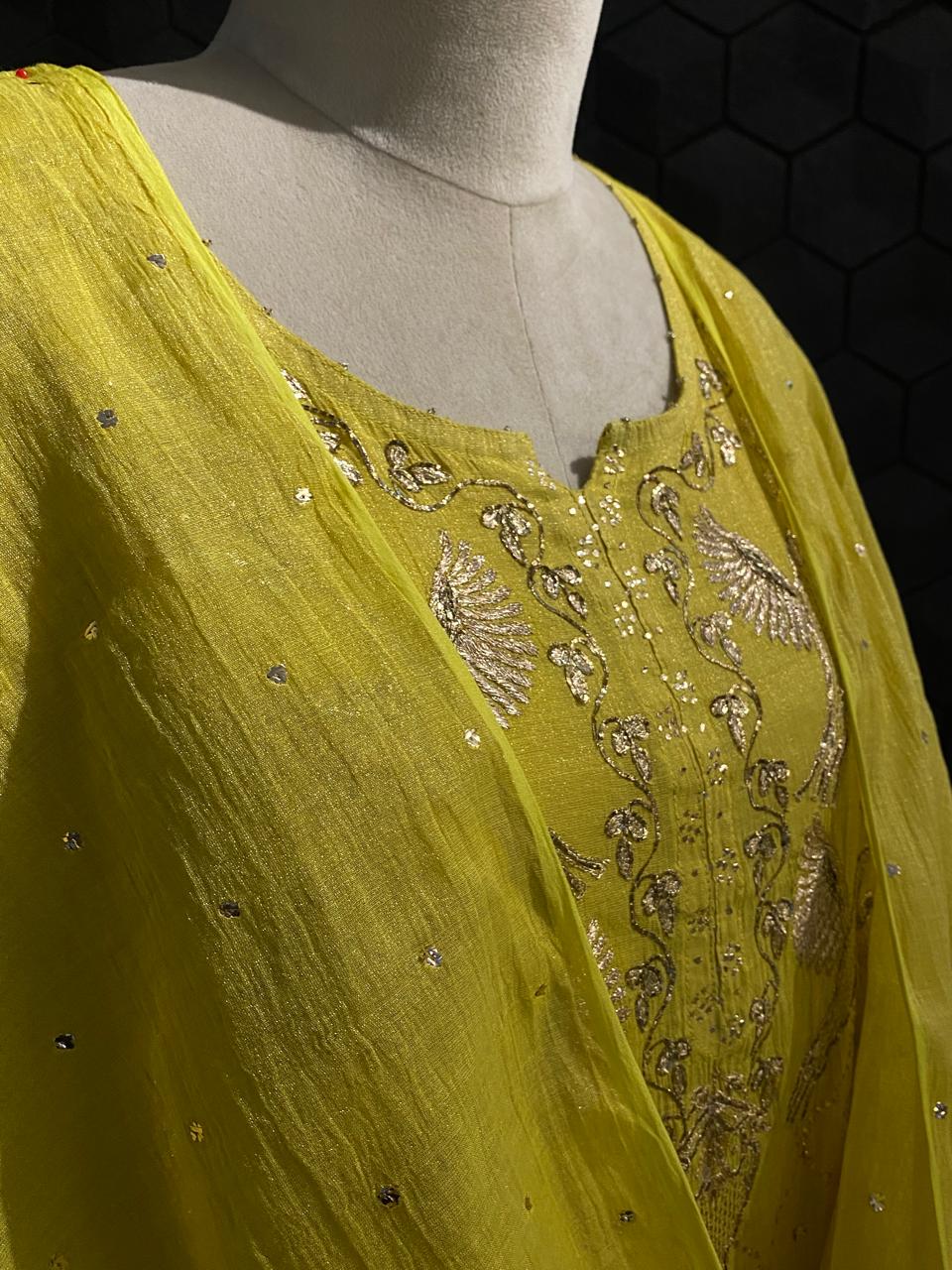 Lime Green Tissue Mukaish Kurta Set