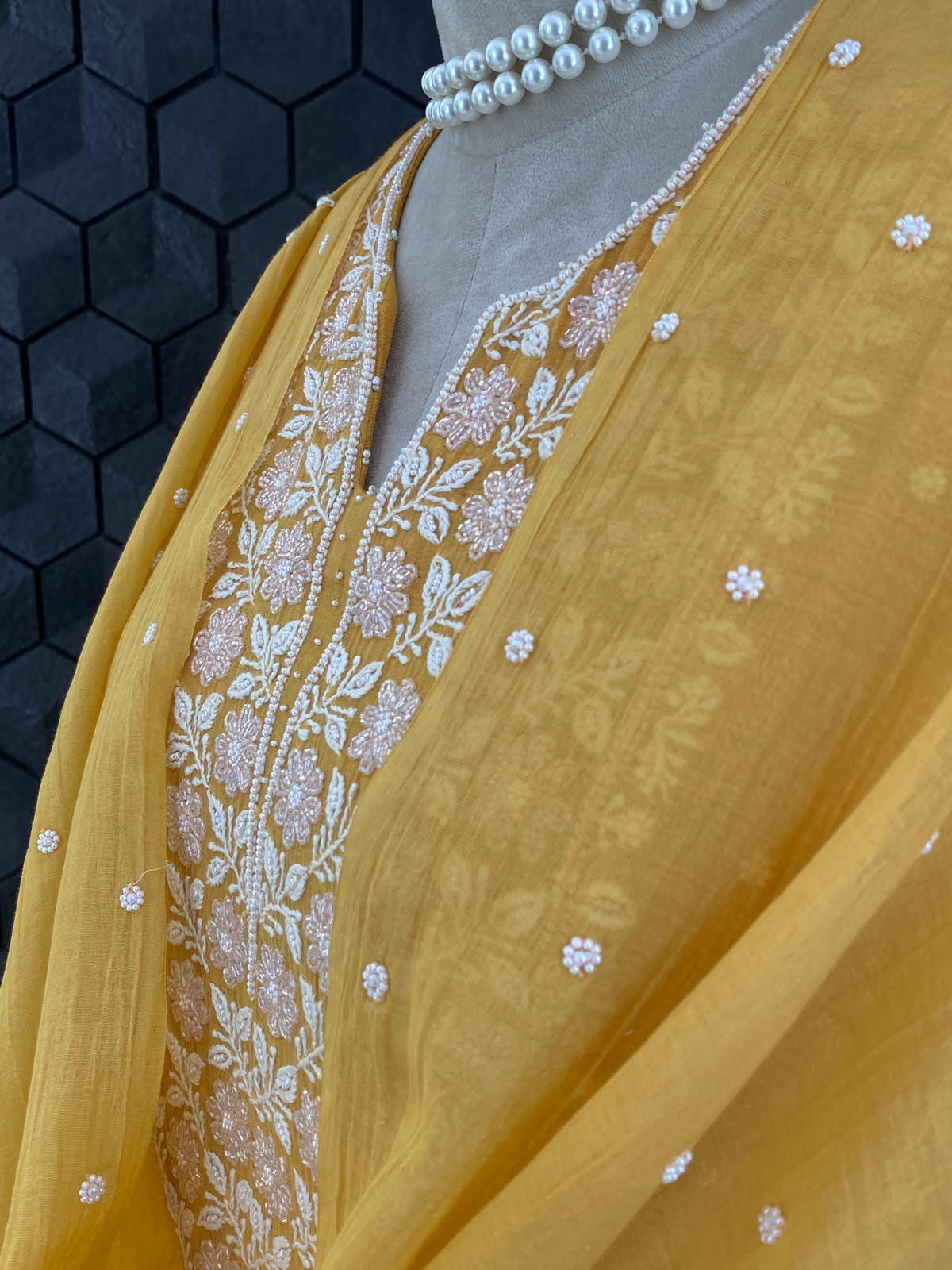 Mustard Mul Chanderi Chikankari Kurta Set