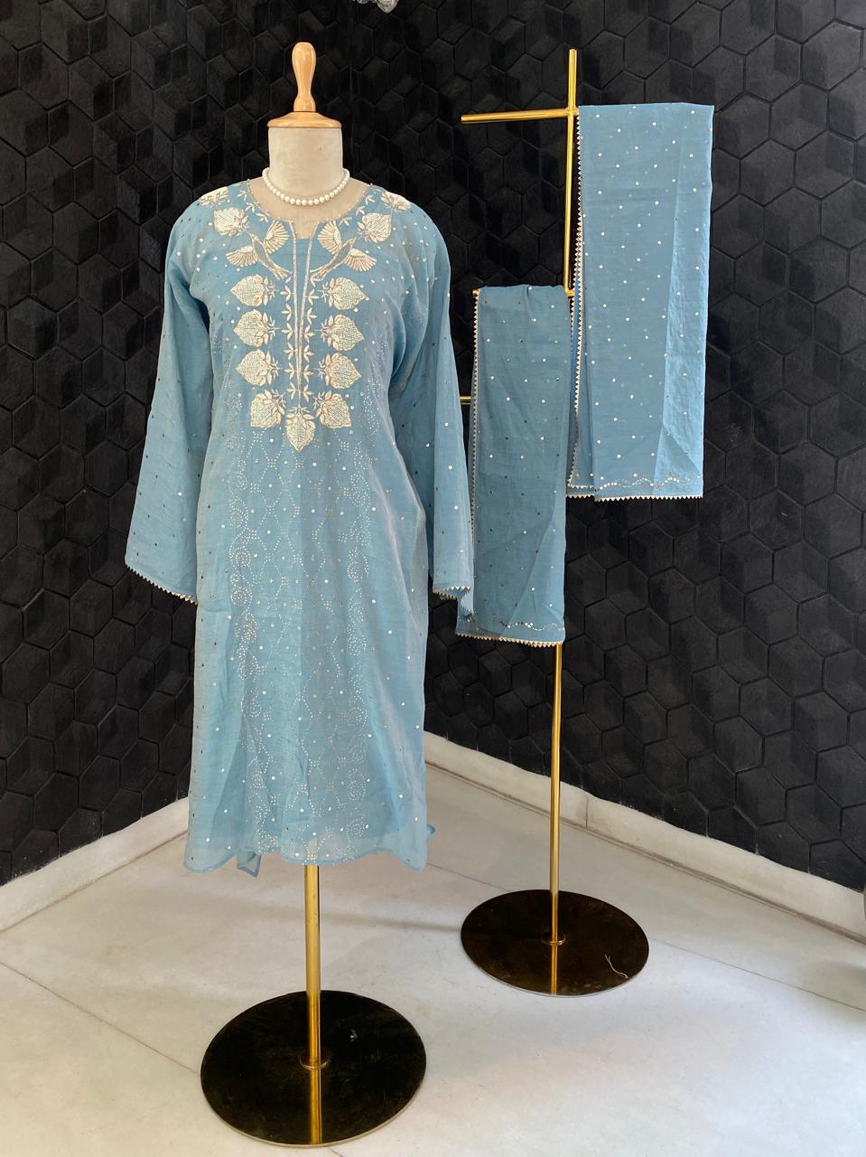 Teal Bird Motif in Mukaish Kurta Set