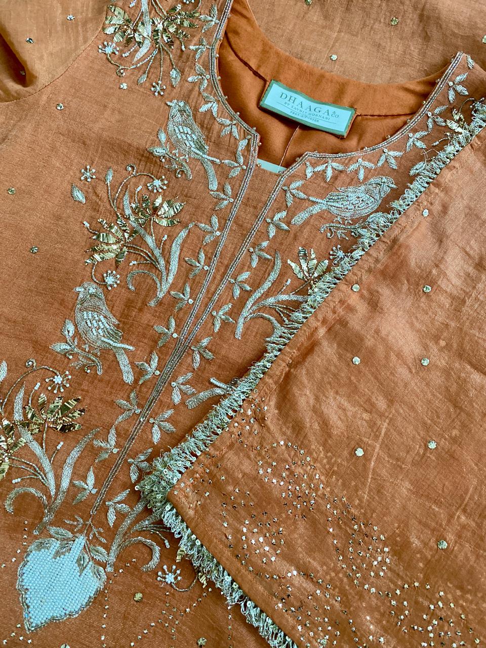 Rust Bird Motif Mukaish Kurta Set