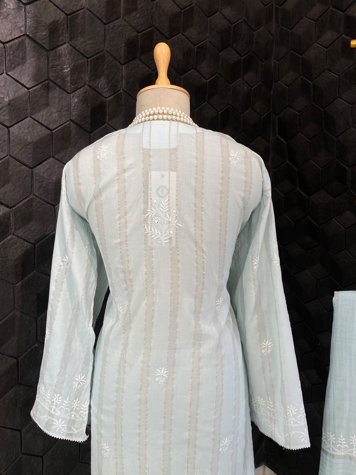Powder Blue Striped Mul Chanderi Kurta Set